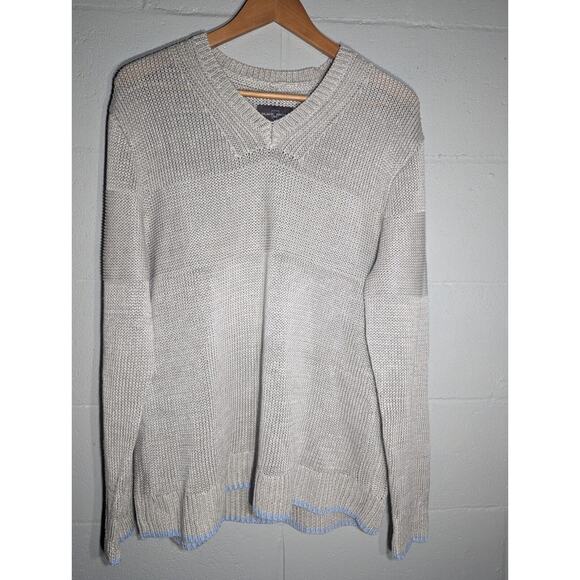 BLACK BROWN 1826 Mens 100% Linen knit Pullover Sweater Sz L Taupe Blue Trim - Picture 1 of 7